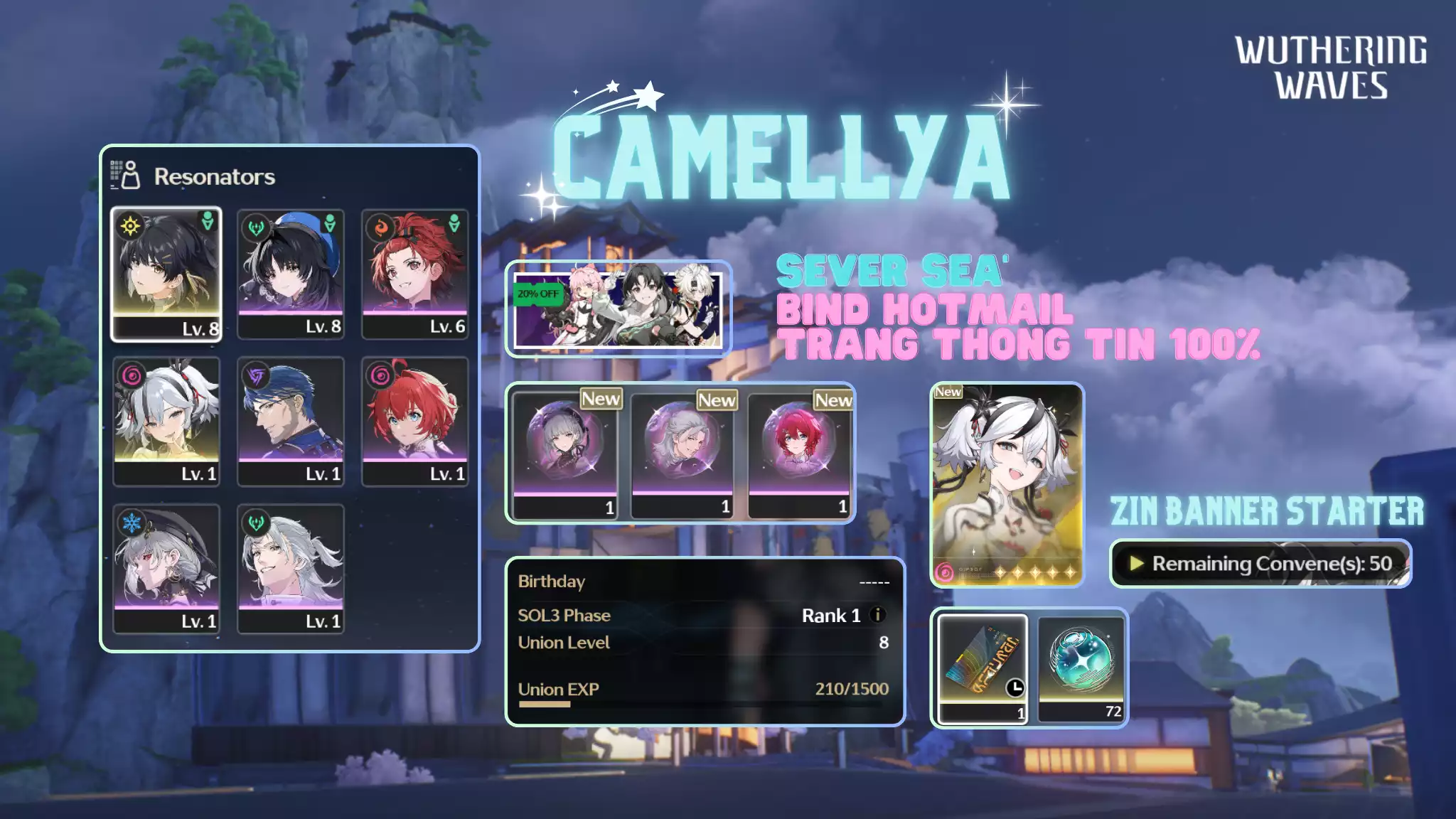 [Sea] Camellya + 5 sao tân thủ + Vé chọn 5 sao + Zin Map 100%